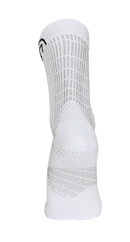 A white sock with gray vertical stripes and a dark, curved logo on the upper edge, photographed from behind.