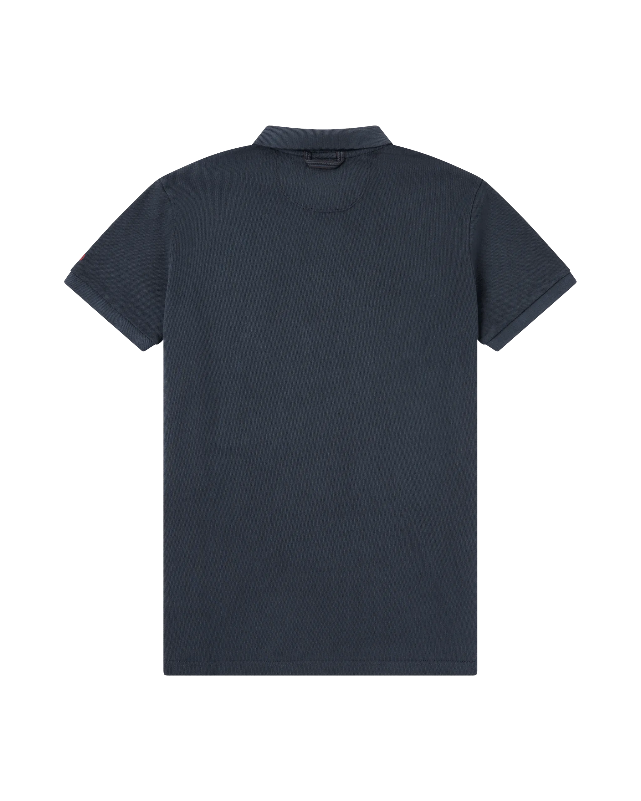 Dos d'un polo bleu marine à manches courtes, col et boutonnage.