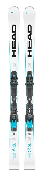 Une paire de Head Worldcup Rebels e-SL skis blancs avec fixations montées, alignés verticalement.