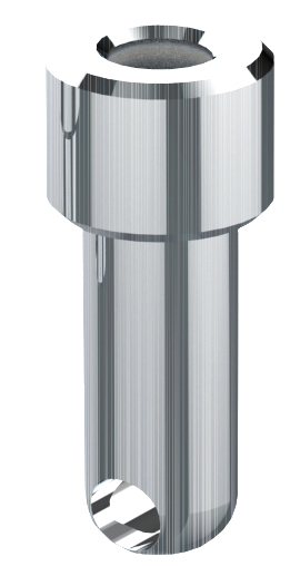 Metallische Leki Adapterhülse mit zylindrischem Schaft und breiterem Kopf mit Aussparungen, unten ein Loch.