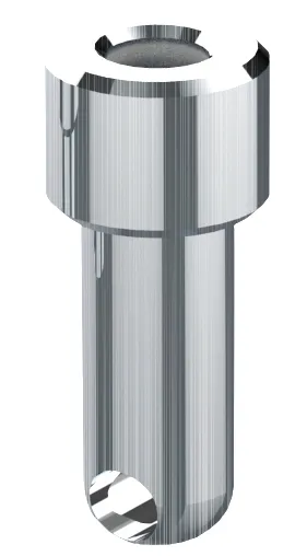 Metallische Leki Adapterhülse mit zylindrischem Schaft und breiterem Kopf mit Aussparungen, unten ein Loch.