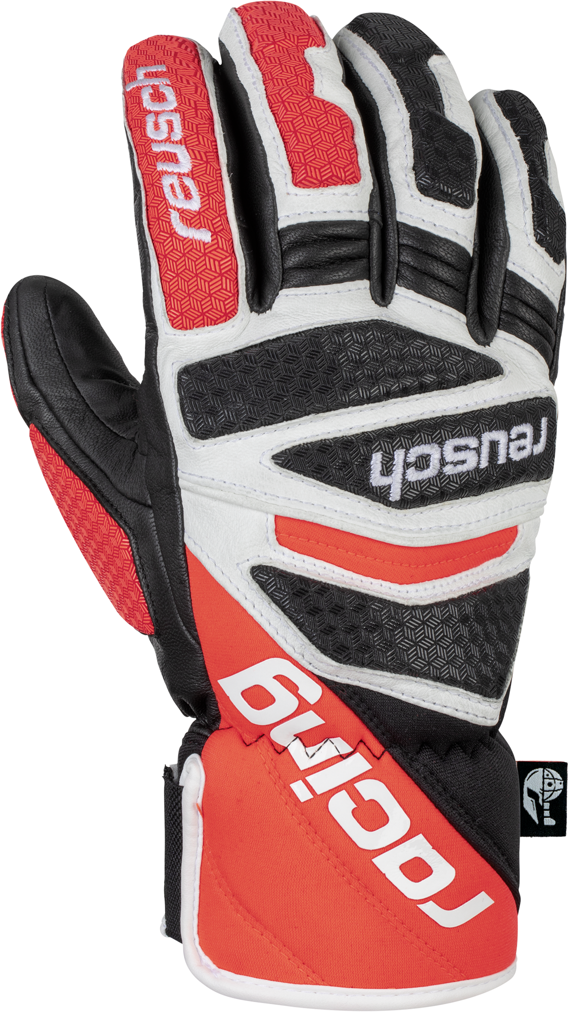Roter, schwarzer und weißer Reusch Worldcup Warrior DH Rennhandschuh mit Leder und Racing Aufdruck.