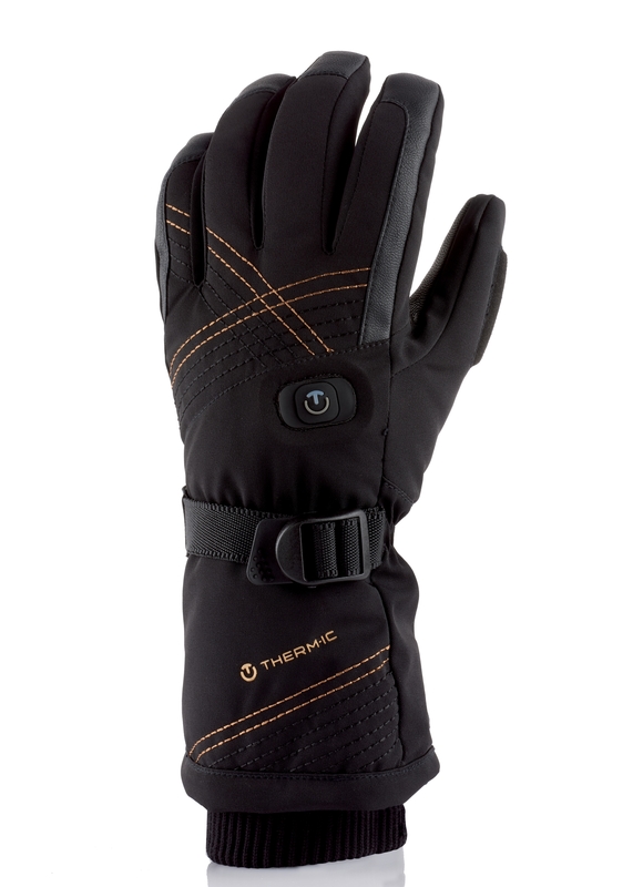 Schwarze Thermo-Handschuhe Schwarzer Therm-ic Ultra Heat Glove Women mit goldfarbenen Akzenten, Handfläche nach vorn.