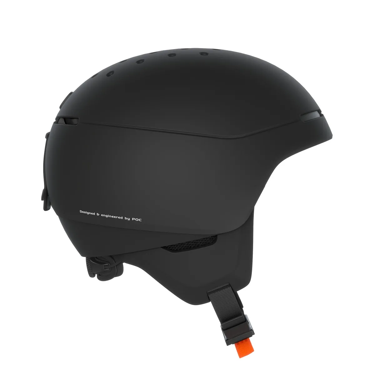 Casco da sci Poc Meninx nero di profilo, con mentoniera e fori di ventilazione.