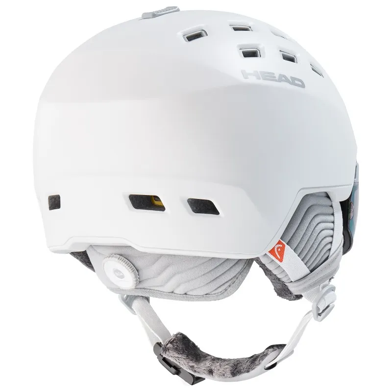 Casco da sci bianco Head Rachel 5K Foto Mips da dietro, con fori di ventilazione e visiera integrata.