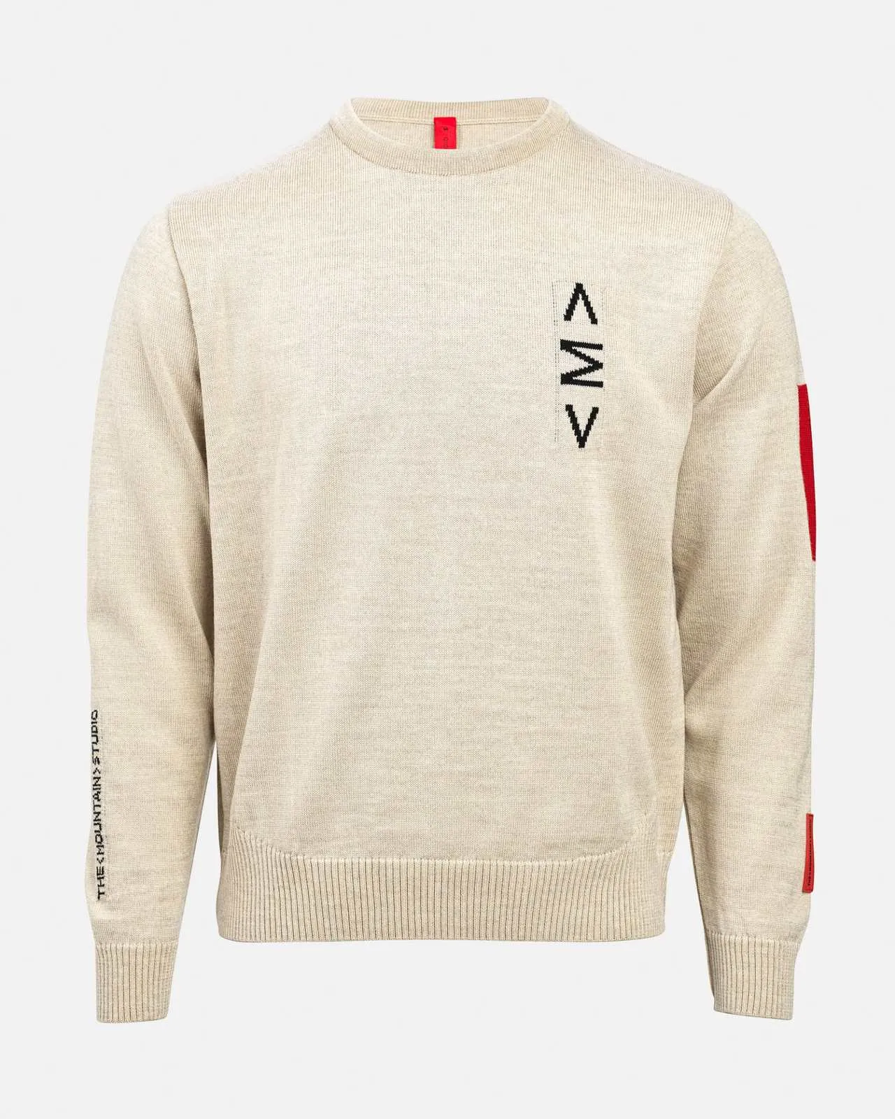 Cream-colored K-3 ST ski sweater with round neck and intarsia knit pattern on the chest and red accents on the collar and sleeves.