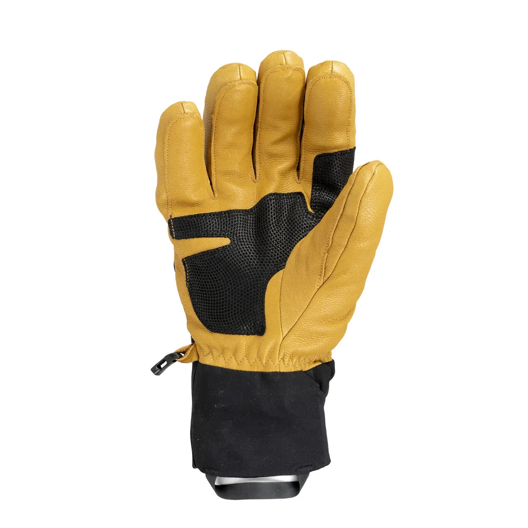 Nahaufnahme eines Therm-ic Freeride Ultra Heat Handschuhs, Handflächenseite, hellbraunes Leder mit schwarzen Einsätzen.