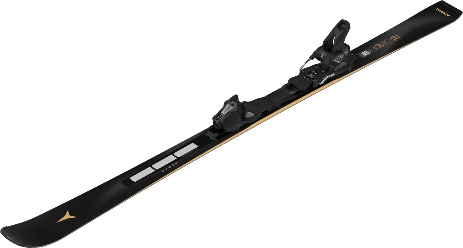 Black ski with gold lettering and a black binding. The ski is from Atomic and has the inscription "Cloud 14".