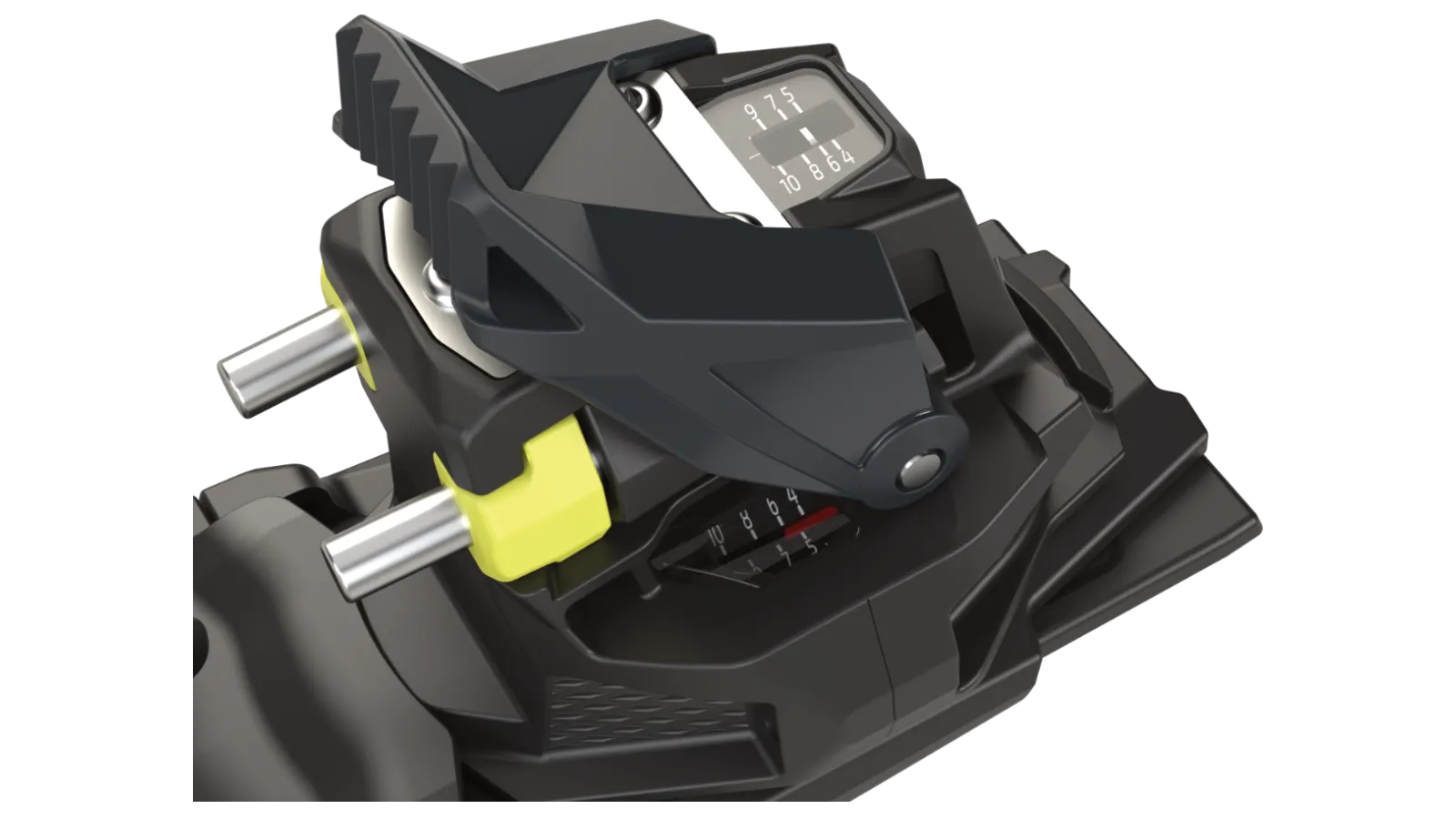Close-up of the black Fritschi Xenic Plus 12 ski touring binding with yellow accents. DIN value is adjustable.