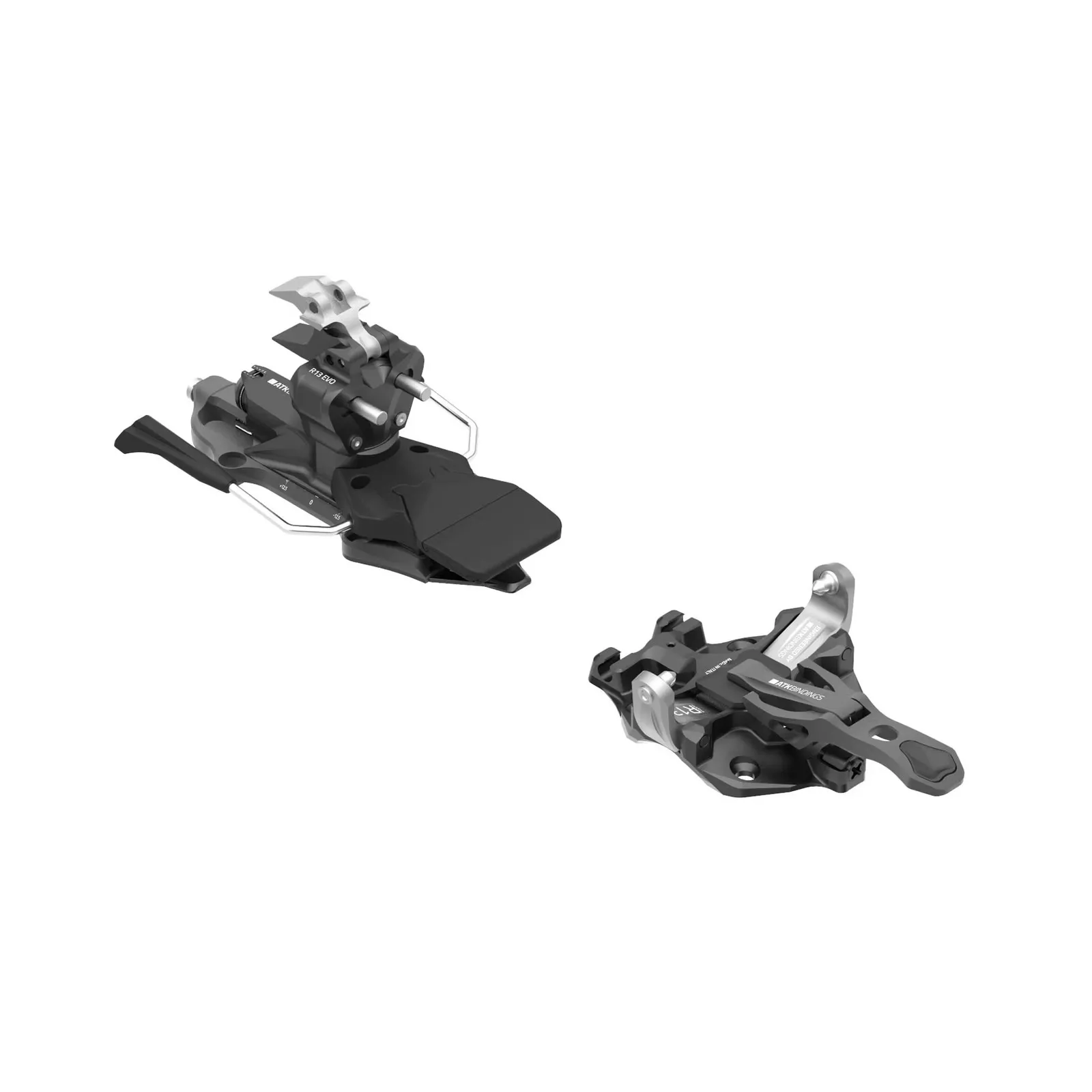 Two ATK Raider 13 EVO touring bindings, black and silver, on a white background.