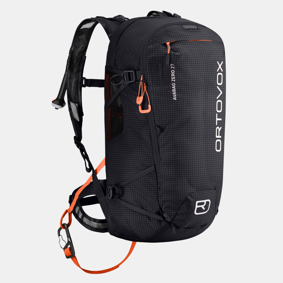 Schwarzer Ortovox Avabag Litric Zero 27 Lawinenrucksack mit orangen Akzenten seitlich dargestellt.