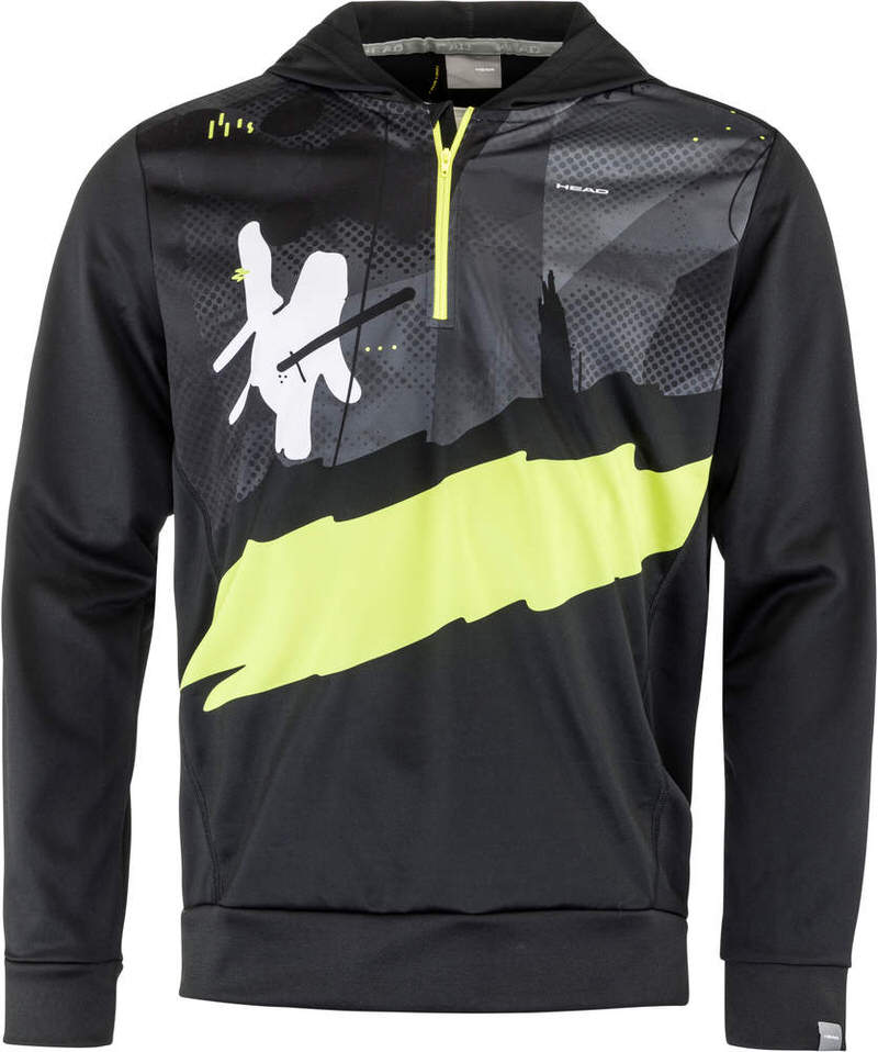 Schwarzer Head Race Hoodie Print Men mit gelben Akzenten und halbem Reißverschluss.