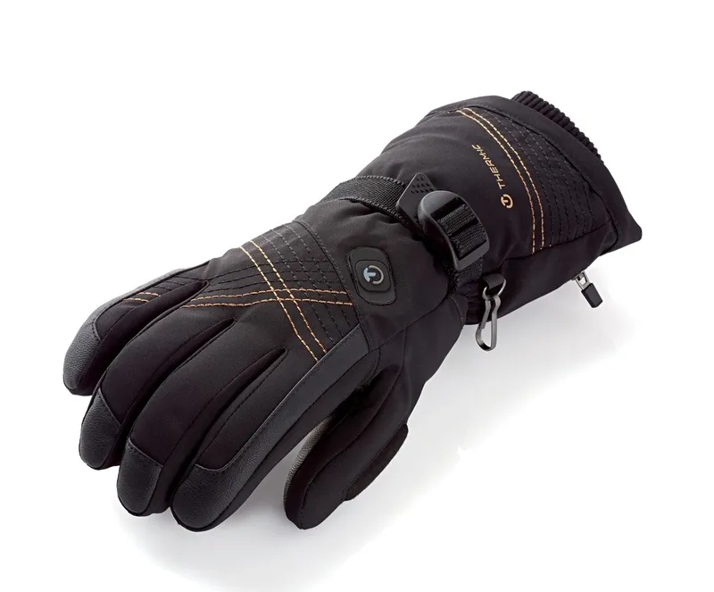 Schwarzer Therm-ic Ultra Heat Glove Women, beheizbarer Lederhandschuh mit Akku und goldenen Ziernähten.