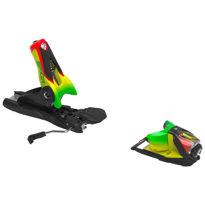 Attacco da sci, modello SPX 12 GW Forza 3.0, colori nero, rosso, giallo, verde. Vista laterale della parte anteriore e posteriore.