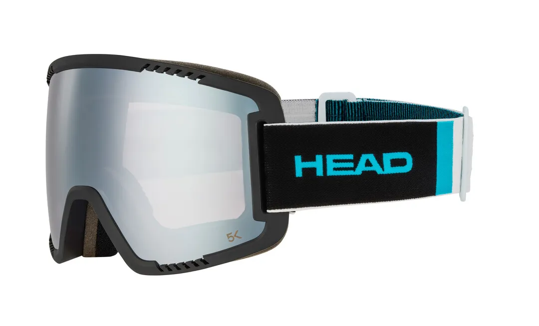 Contex Pro 5K Race ski goggles with mirrored lens and black strap with blue "HEAD" lettering.