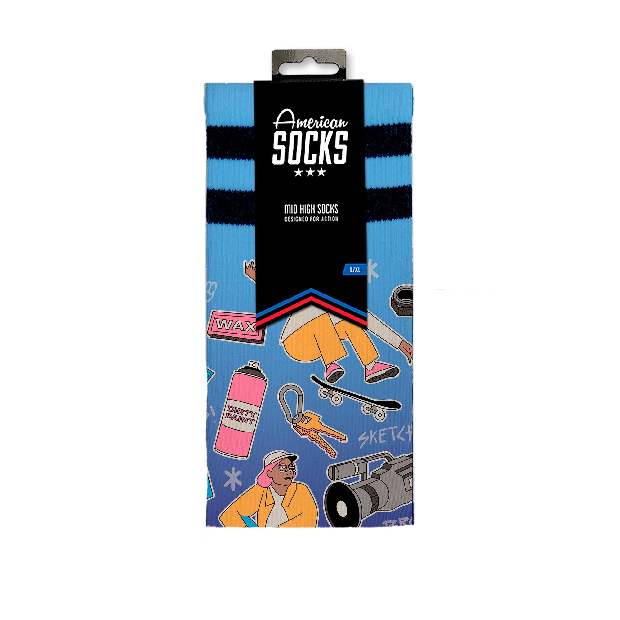 Skater Socken Geschenkbox Verpackung der Skater Socks Giftbox mit Skateboard, Spraydose, Kamera und Person im Comic-Stil auf blauem Grund.