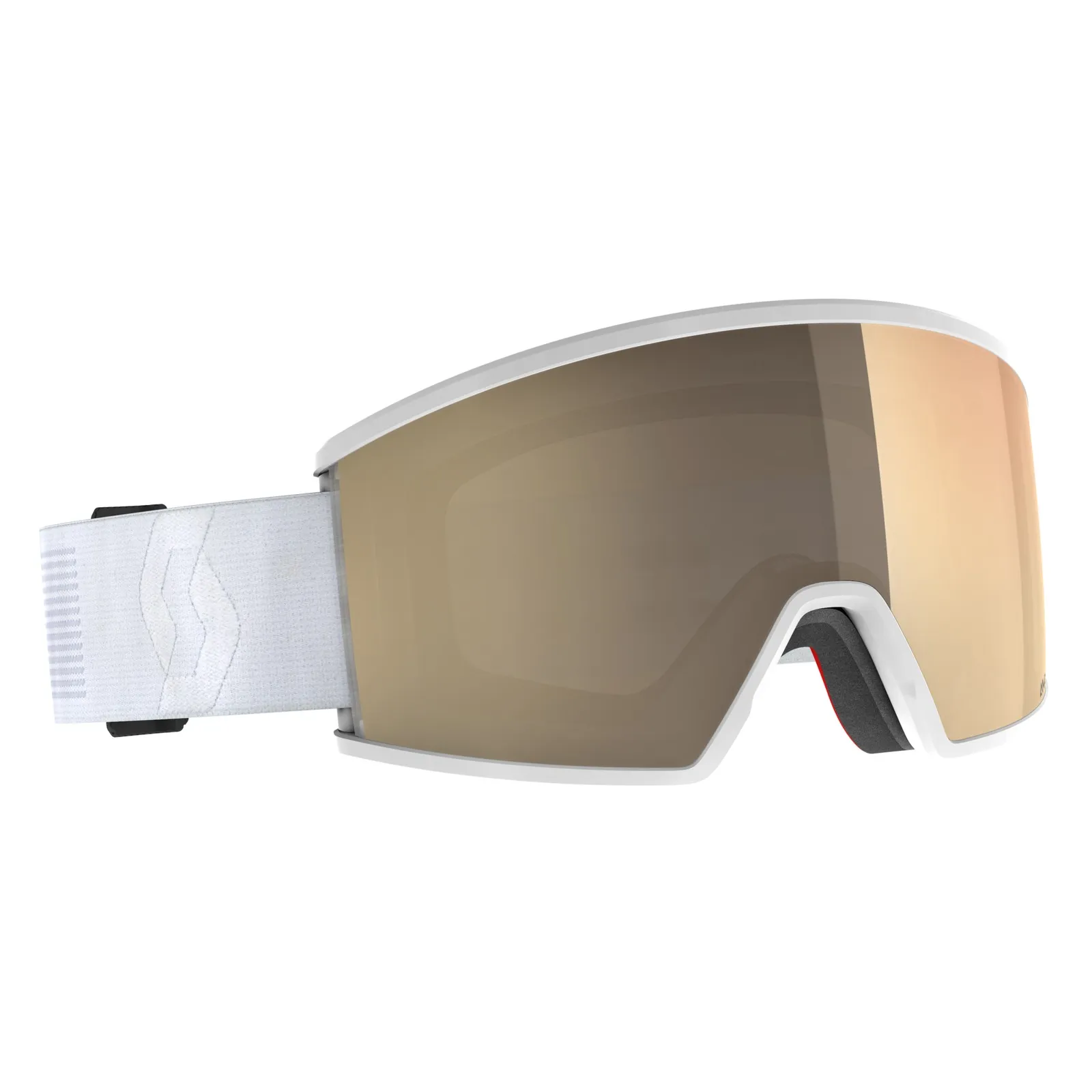 Close-up of Scott Ambit LS ski goggles with white frame and photochromatic AMP LS lens.