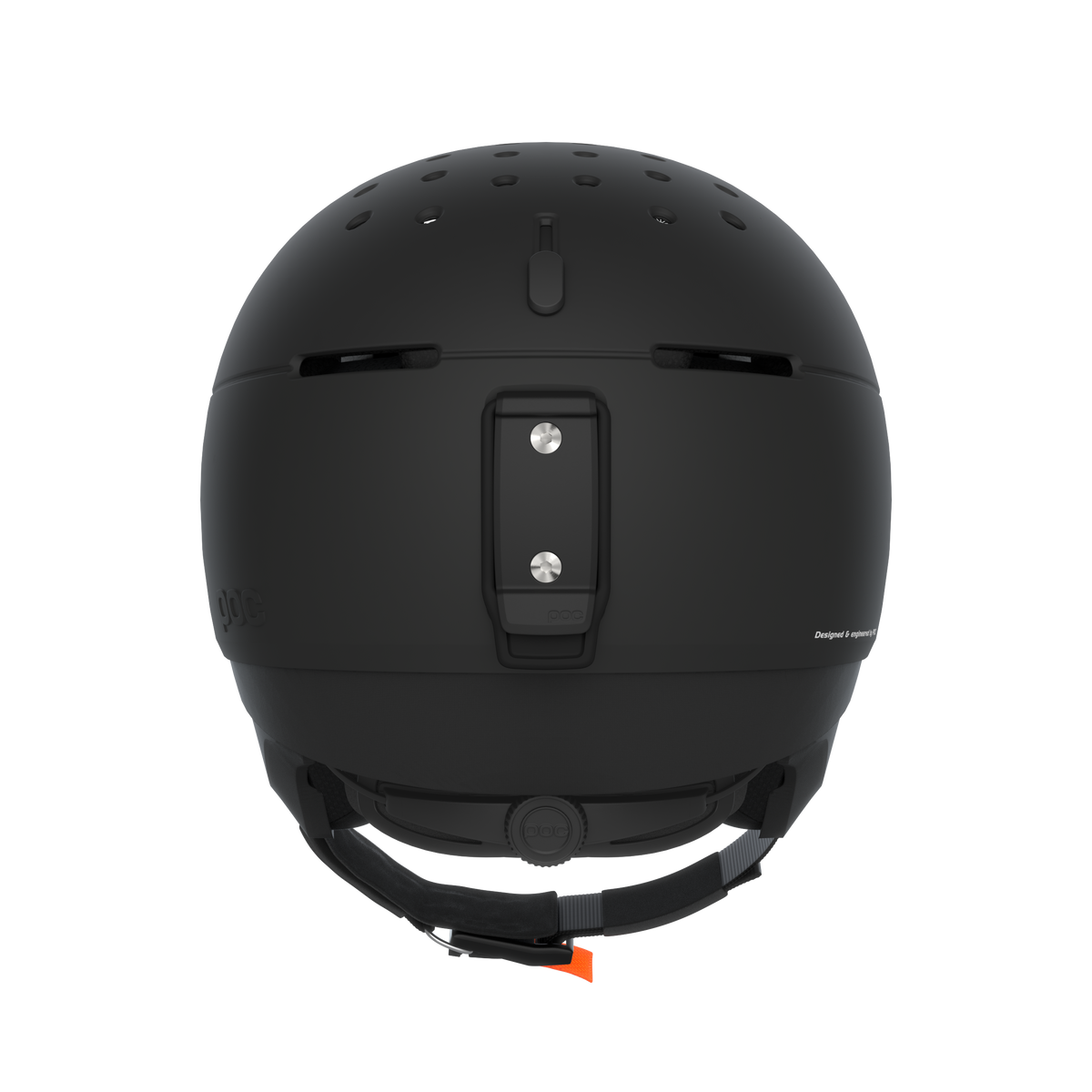 Vue arrière du casque de ski noir Poc Meninx avec jugulaire et trous d'aération.