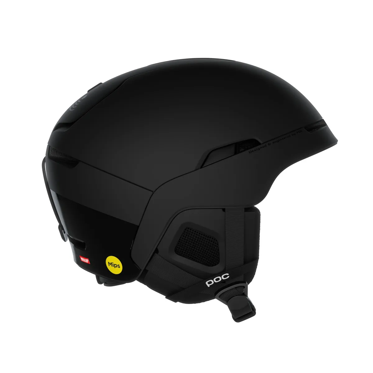 Casque de ski noir "Poc Obex BC Mips" vu de côté, avec autocollant Mips et détails d'aération, sur un fond blanc.