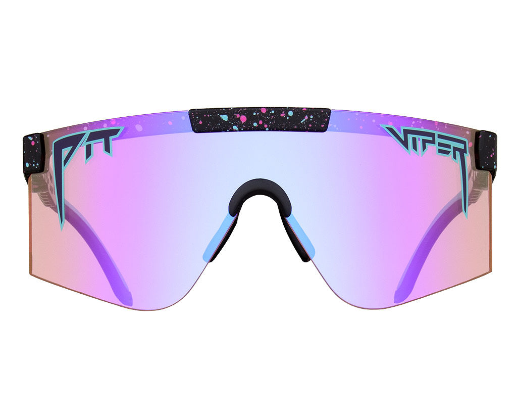 Close-up of "The Afterparty 2000" sunglasses with pink lenses and splashes of color on the frame.