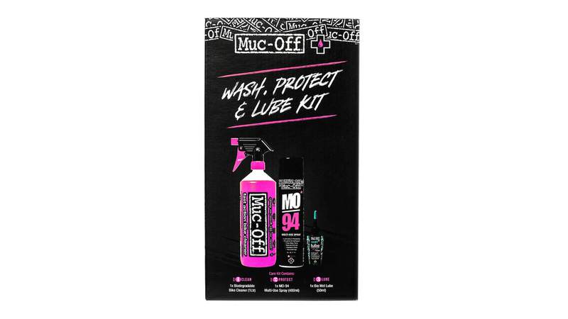 Verpackung des Muc-Off Wash, Protect & Lube Kit mit Reiniger, Spray und Kettenöl in Schwarz und Pink.