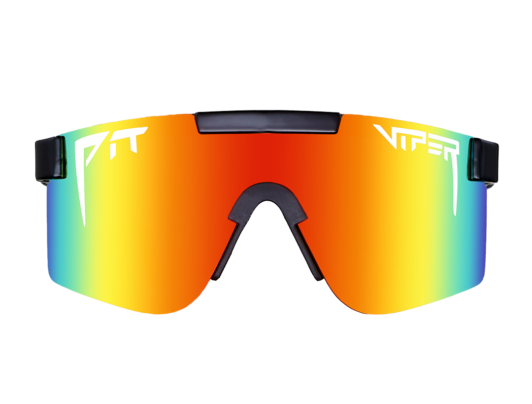 Polarisierte Sonnenbrille "The Mystery" Frontansicht der polarisierten "The Mystery" Sonnenbrille mit farbigen Gläsern und schwarzem Rahmen.