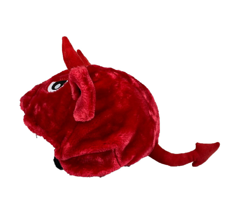 Red Hoxyheads helmet cover Devil with horns, eyes and a tail on the side.