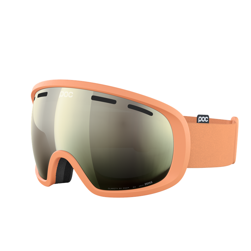 Skibrille in Pfirsichfarbe mit einer verspiegelten, getönten Linse und einem schwarzen Nasenschutz.