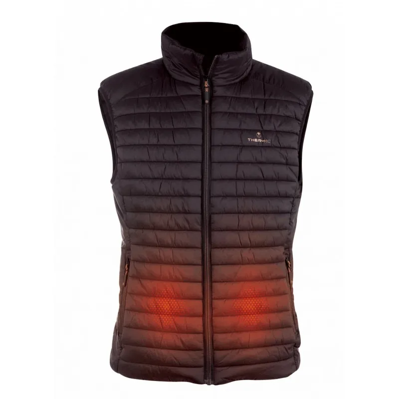 Gilet chauffant noir Therm-ic Heated Vest pour hommes, vue de face, avec zones chauffantes visibles au niveau du ventre.