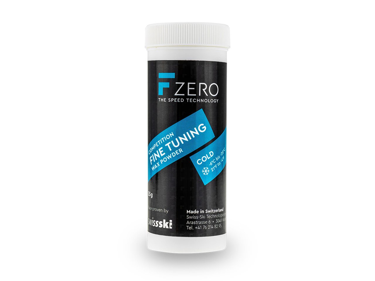 Dose FZERO Fine Tuning Wax Powder Cold für Ski und Snowboard, weiße Dose mit blauem Etikett.