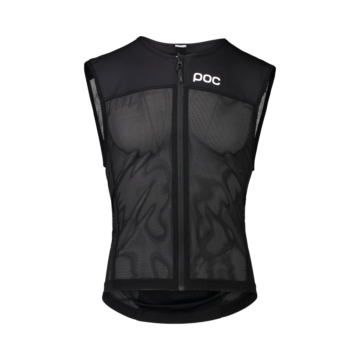 Schwarze Spine VPD AIR Vest Women, Frontansicht. Reißverschluss mittig, POC Logo auf der Brust. Netzeinsätze sorgen für Belüftung.