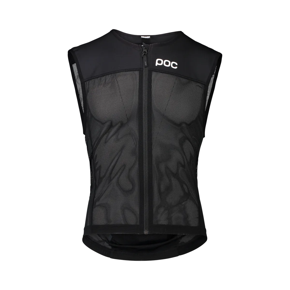 Gilet noir Spine VPD AIR Women, vue de face. Fermeture éclair au milieu, logo POC sur la poitrine. Des inserts en filet assurent la ventilation.