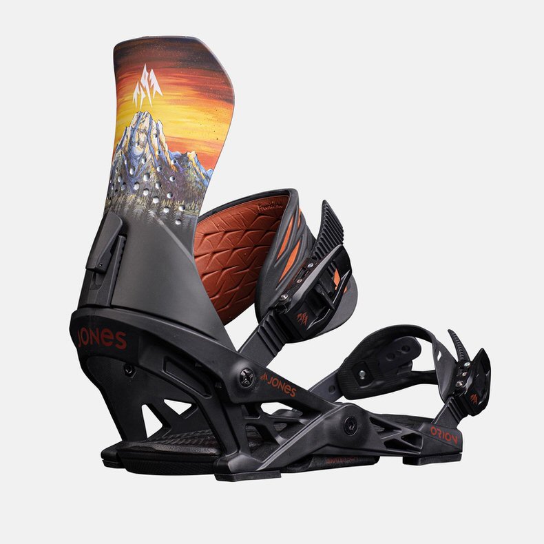 Schwarze Jones Orion Snowboard Bindung, seitliche Ansicht, Highback mit Bergmotiv.