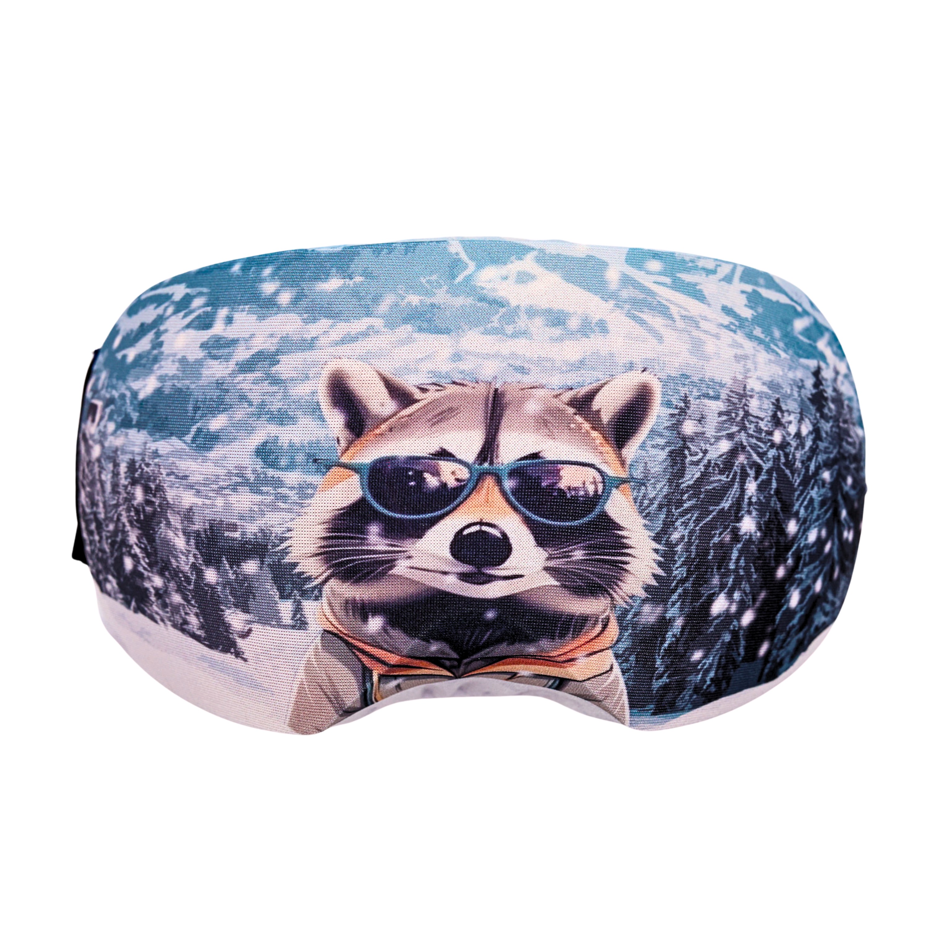 Ski goggles with raccoon motif and sunglasses in front of a snowy mountain landscape.
