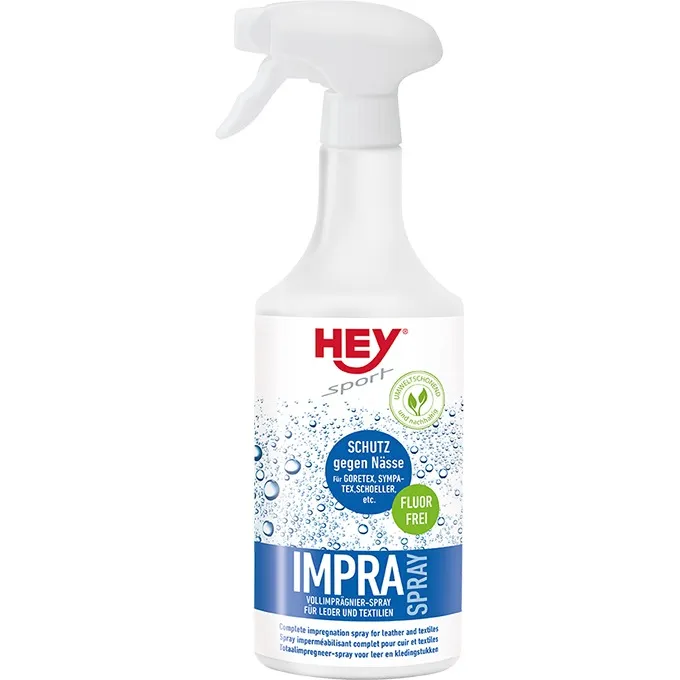 Weiße Sprühflasche HEY Sport Impra Spray zum Imprägnieren von Textilien und Leder. Fluorfrei, schützt vor Nässe.