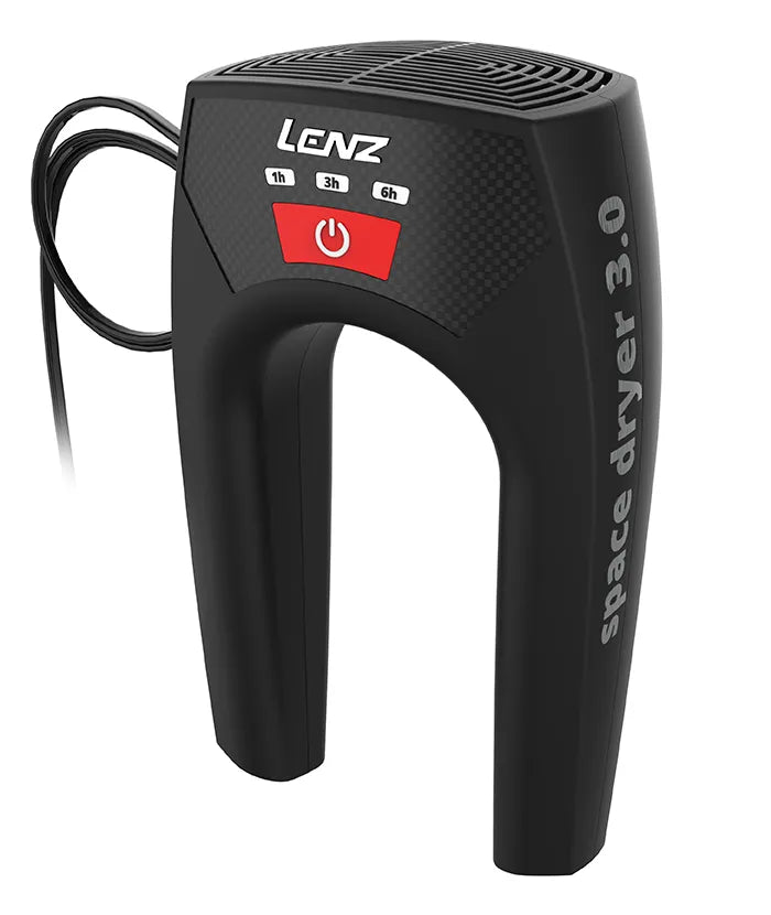 Black, U-shaped Lenz Space Dryer 3.0 with power supply cable and drying time controls.