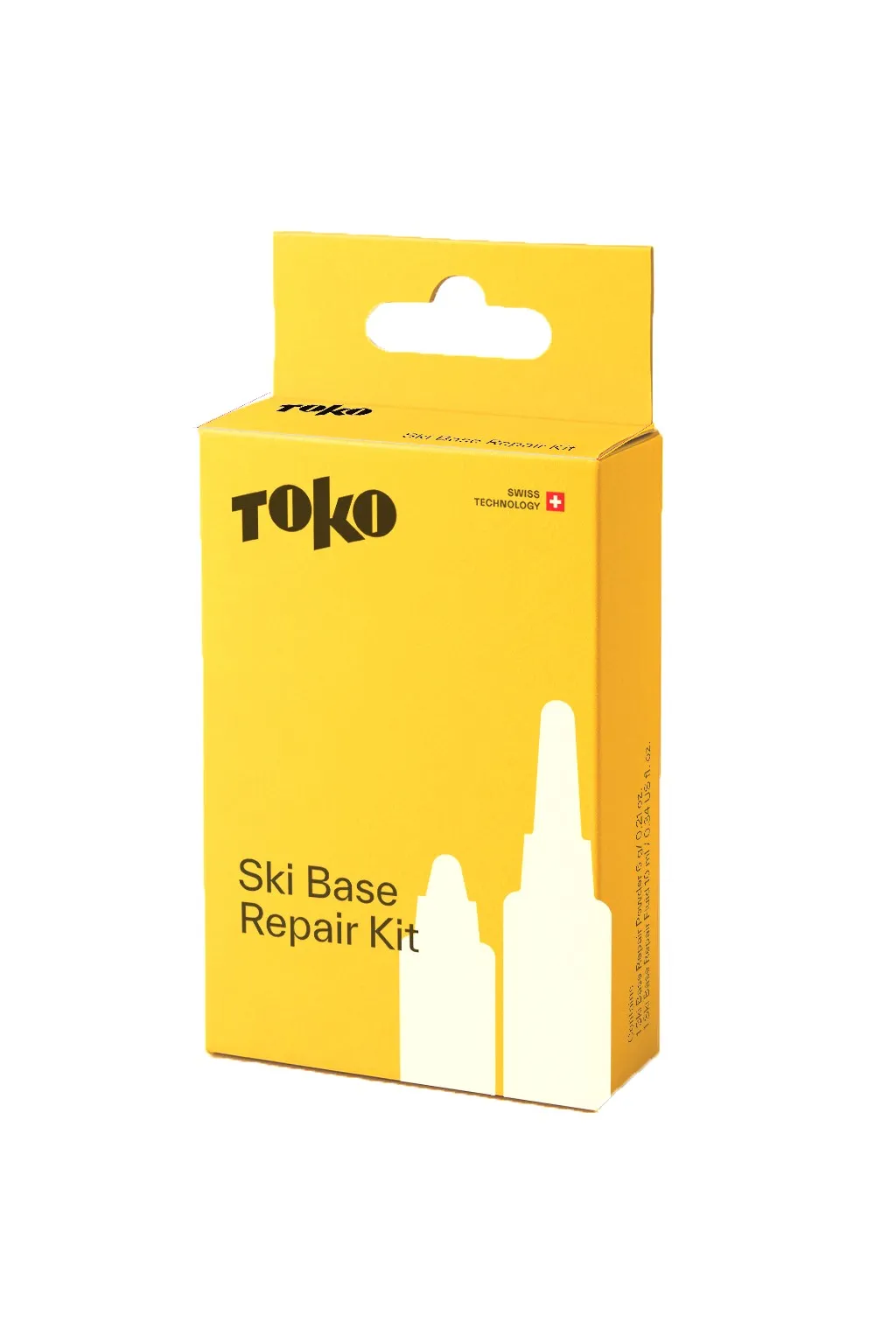 Yellow packaging of a "Ski Base Repair Kit" from Toko. Printed logo, text and stylized bottles. Reference to "Swiss Technology".