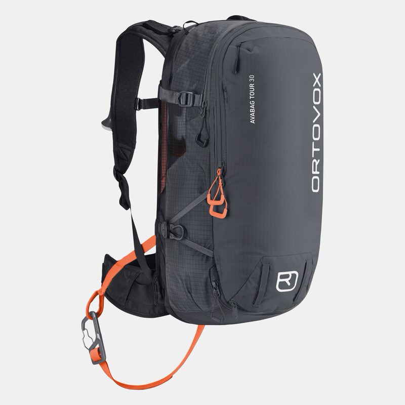Dunkelgrauer Ortovox Avabag Litric Tour 30 Rucksack. Akzente in Orange, weißer Schriftzug.