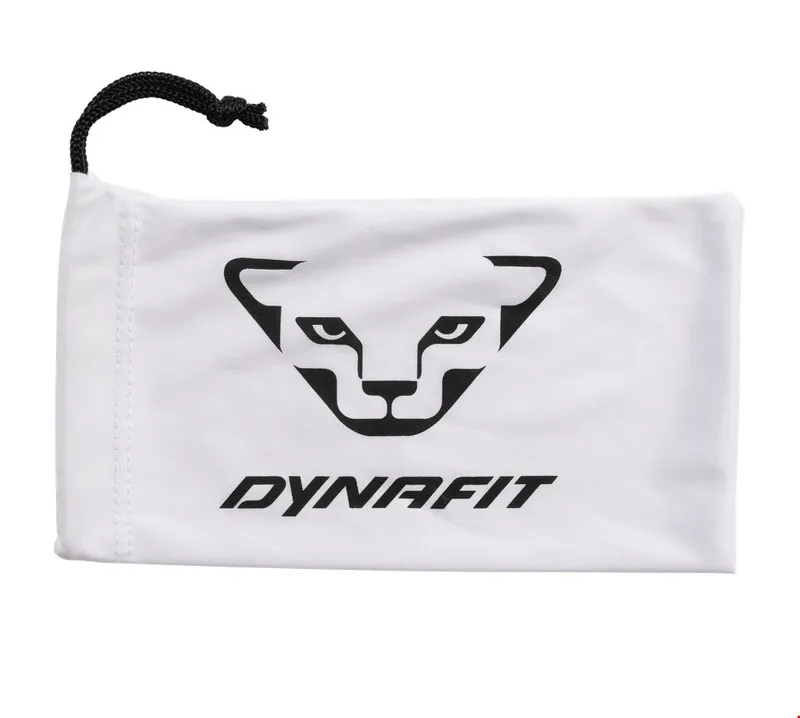 Sac blanc pour une paire de lunettes de soleil Dynafit Trail Evo avec cordon de serrage noir et logo Dynafit.