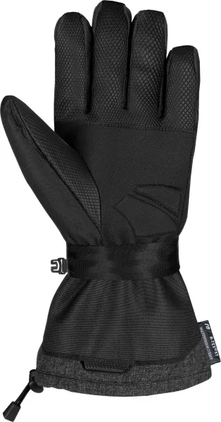 A black, insulated ski glove with palm up, showing details such as texture and straps.