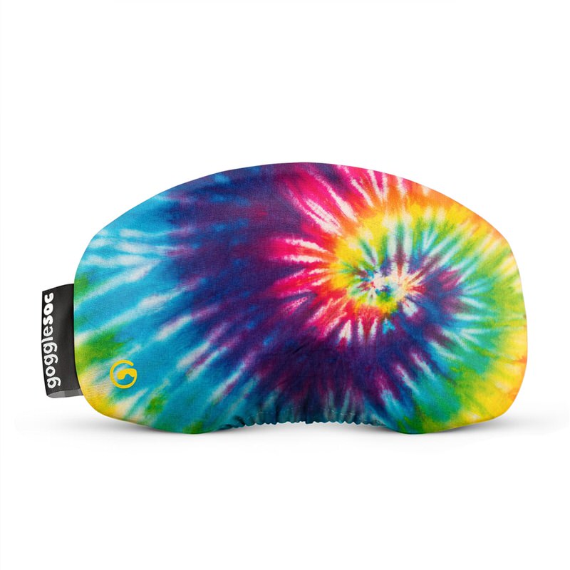 Copriocchiali tie-dye Custodia protettiva per occhiali con motivo tie-dye in blu, giallo, verde, rosa e viola. Etichetta "gogglesoc" sul lato.