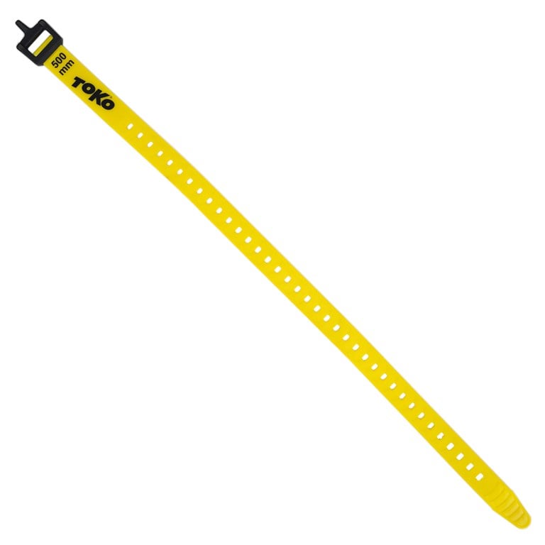 Gelber Express Ski Touring Strap mit Löchern und schwarzer Schnalle, diagonale Ansicht.