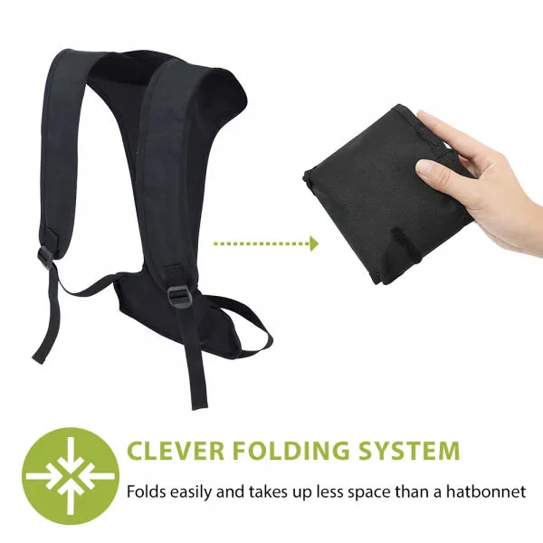 Black skiback with carrying straps and folding function; one hand holds a small, folded package.