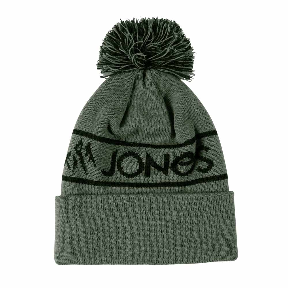Grüne Jones Chamonix Beanie mit Bommel und schwarzem "Jones" Schriftzug.