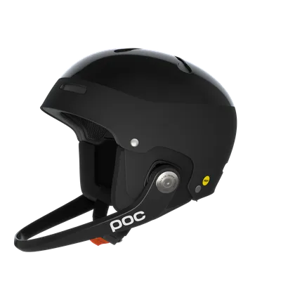 A black POC ski helmet with ear protection and chin strap.