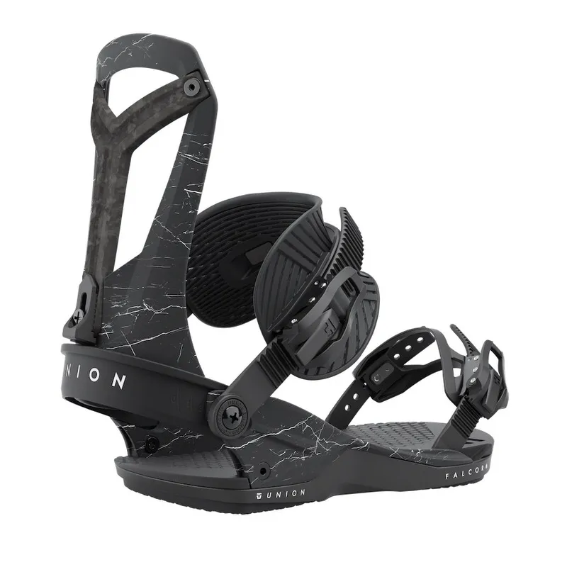 Black Union Falcor snowboard binding with marble pattern on white background.