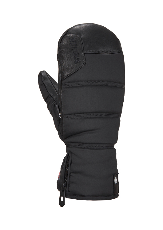 Black soft heated mittens Close-up of a black Lady Super Soft heated Mitten glove with zipper at the wrist.