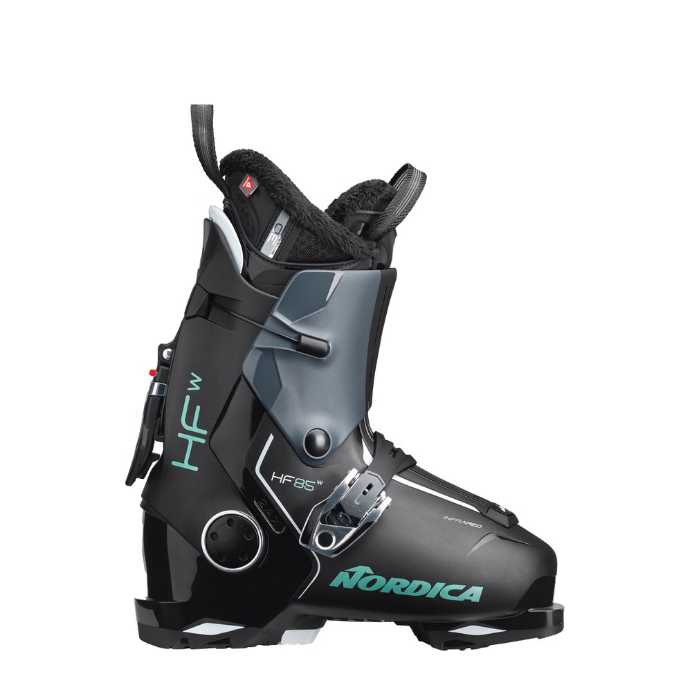 Schwarzer Ski-Schuh Nordica HF 85 W GW mit grünem Schriftzug und Details, seitliche Ansicht.