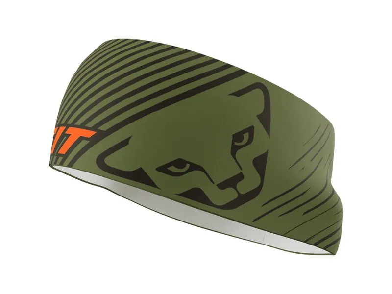 Olive green Dynafit Performance headband with black leopard head and stripe pattern. Orange logo on the left.
