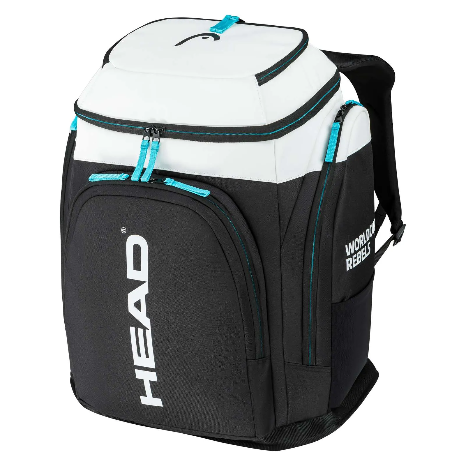 Ein Head Rebels Racing Backpack S. Der Rucksack ist schwarz-weiß mit türkisen Akzenten. "HEAD" und "WORLD CUP REBELS" sind aufgedruckt.